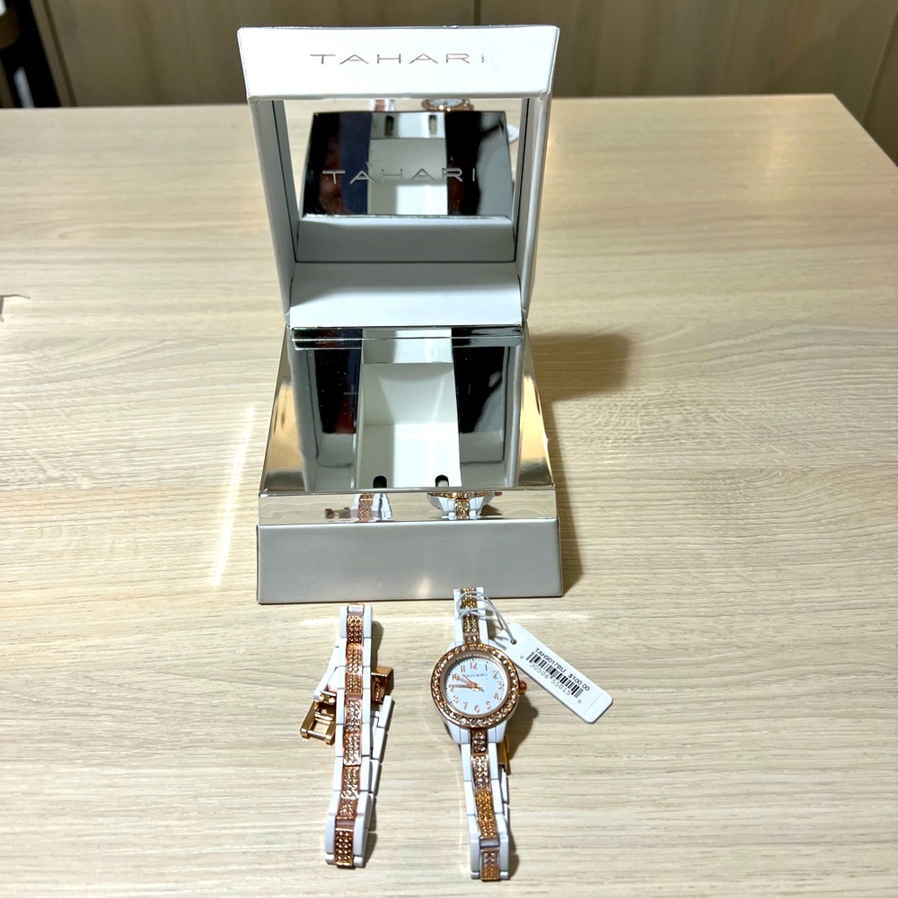 Tahari Rose Gold & White Watch and Bracelet Set